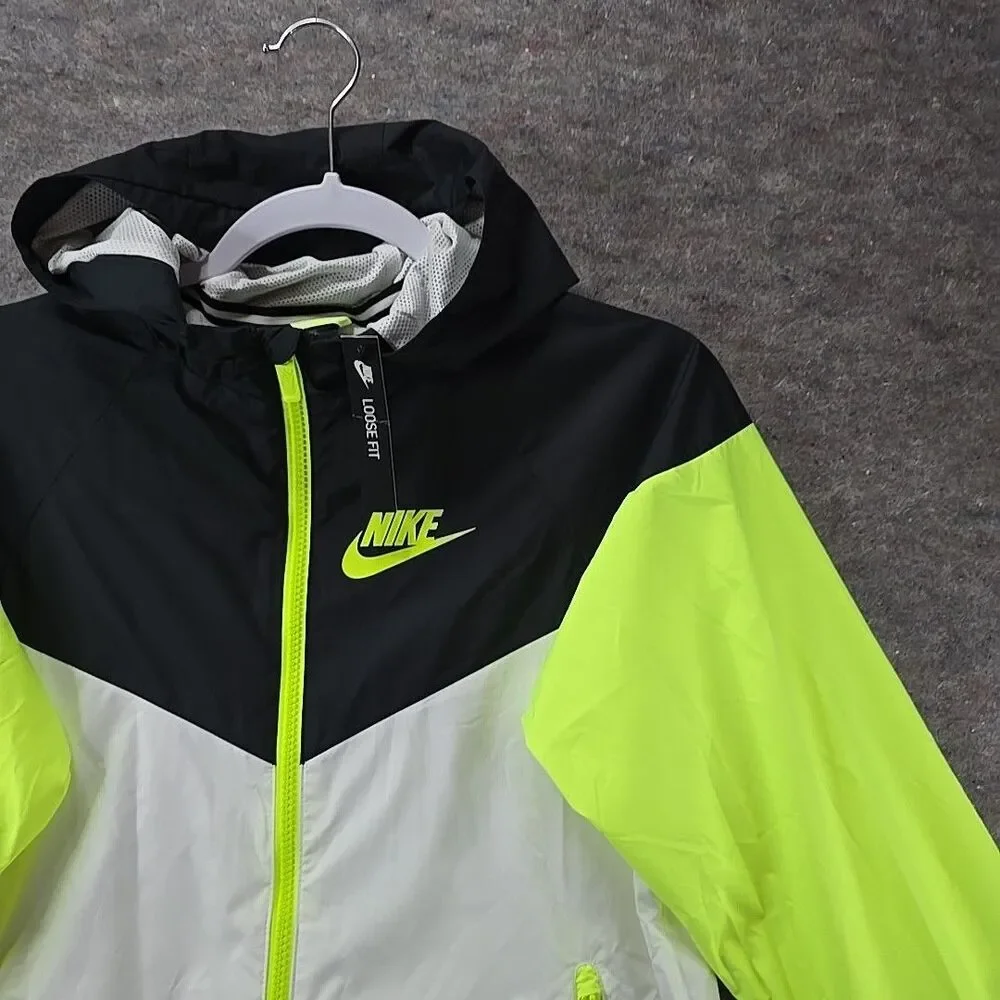 Nike AmJacket Boys Full Zip Windbreaker Hooded Kids- BLACK/WHITE/VOLT Sz L NWT